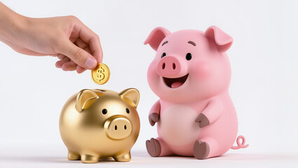 Smart Savings Hand puts dollar coin into a shiny golden piggy bank with cute pink pig.