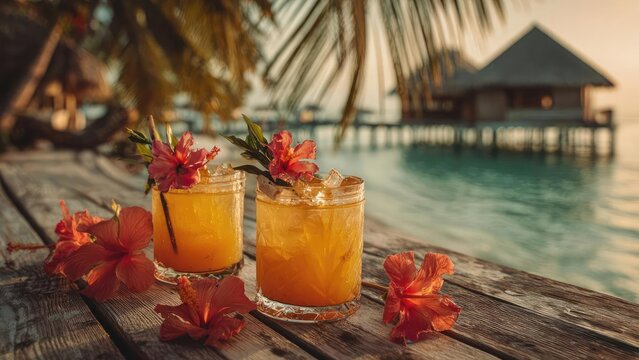 Two tropical cocktails with ice and hibiscus flowers on a wooden deck by turquoise water at sunset, overwater bungalows in the background. Concept Tropical cocktails with hibiscus on a wooden deck