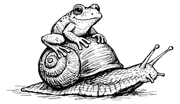 Hand drawn line art illustration of a frog and a snail depicting a frog on a snail's back for nature or whimsical designs