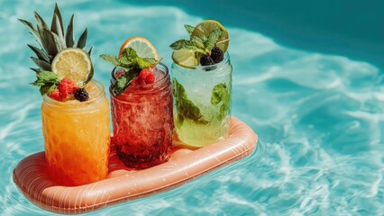 Three colorful fruit drinks in mason jars on a pink inflatable pool float in a sunny pool. Concept Poolside Mocktails in Mason Jars, Pink Float Summer Vibes, Colorful Fruit Drinks in Sunlight