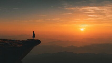 A lone silhouette stands on a cliff’s edge at sunset, overlooking hazy, layered mountains bathed in warm orange light. Concept Lone silhouette on cliff at sunset
