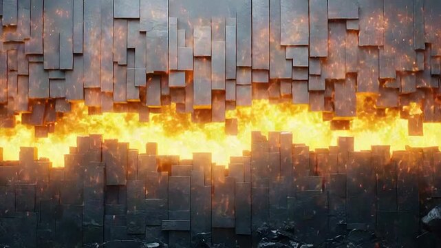 Abstract wall formed by dark geometric blocks showing a glowing crack filled with bright orange and yellow fire and embers, creating a powerful, technological background