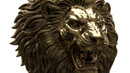 Golden Lion Head Sculpture Isolated on Transparent Background