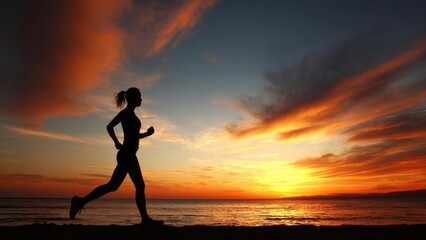 Silhouette of a person running along a beach at sunset with a dramatic orange sky. Concept Silhouette Photography, Beach Run, Sunset Color Drama, Dramatic Orange Sky, Motion and Light