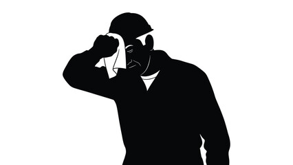 Construction worker in hard hat wiping sweat from forehead after hard labor under the sun
