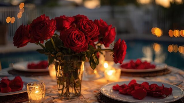 Romantic poolside dinner with a red rose centerpiece, candlelight, and rose petals on plates. Concept Romantic poolside dining, Red rose centerpiece, Candlelit dinner ambiance, Rose petals decor