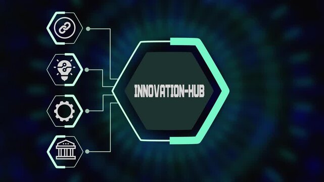 Innovation hub concept with futuristic hexagon interface and connected technology icons for digital strategy, automation and smart systems.