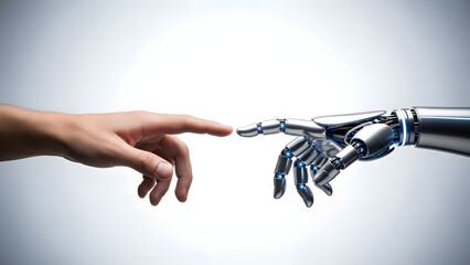 Human and robotic hand fingertips connected by concentrated energy light flash on white gradient background