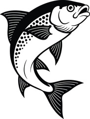 Black and white of two fish swimming together dots