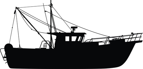 Black and white silhouette of a fishing boat with rigging