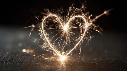 A lit sparkler tracing a glowing heart shape on a dark surface. Concept Romantic Sparkler Heart, Night Light Trails, Glow on Dark Surface, Intimate Portraits, Magical Moment Photography