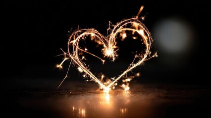 A sparkler draws a glowing heart shape on a dark surface with sparks flying. Concept Sparkler light painting, Heart-shaped trail, Night photography, Sparks flying, Dark surface glow