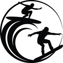 Black and white silhouette of surfers riding waves in circular