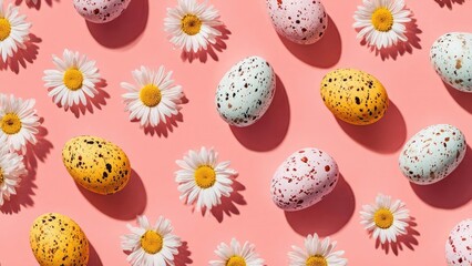 Pastel speckled Easter eggs scattered on a pink background with white daisies. Concept Pastel Easter Eggs, Pink Background, White Daisies, Spring Decor, Soft Color Palette