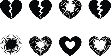 Broken and radiant hearts on white background