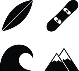 Black and white snowboard with mountain and wave