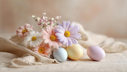 Pastel daisies with pink, white and lavender petals beside speckled pastel Easter eggs on beige fabric. Concept Pastel Floral Arrangement, Daisy & Easter Egg Decor, Beige Fabric Backdrop