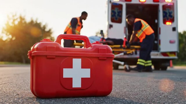 Emergency medical kit on road with paramedics and ambulance in the background