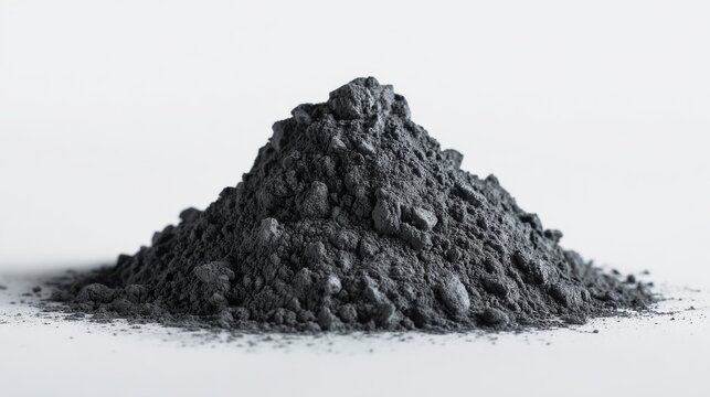 Pile of dark grey powder or volcanic ash isolated on white background