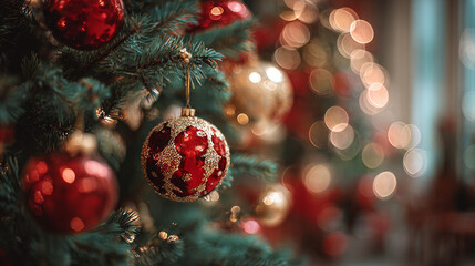 Sparkling Red Christmas Bauble with Gold Patterns on Festive Tree