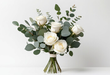 Eucalyptus and rose bouquet, white roses, green eucalyptus, white background, classic arrangement, elegant composition