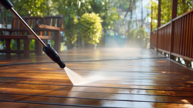 Pressure washer cleaning a wooden deck outdoors in sunlight with lush green trees and a wooden railing in the background.