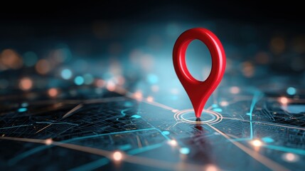 Red GPS map pin marker on a futuristic digital map with glowing connections and bokeh background