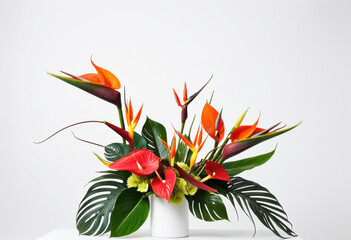 Tropical bouquet on white background, exotic flowers, fresh cut, florist quality, elegant composition
