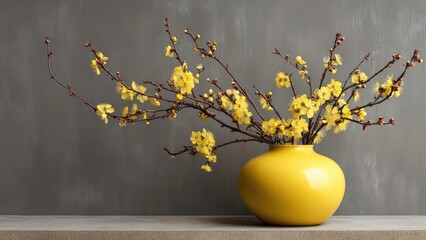 Round yellow vase filled with yellow plum blossoms on dark branches, set against a plain gray wall. Concept Round yellow vase, Yellow plum blossoms, Dark branches, Plain gray wall