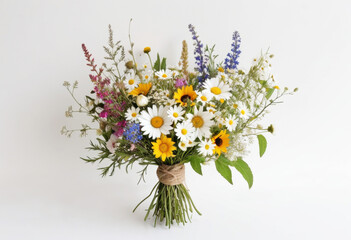 Wildflower bouquet, white background, mixed flowers, natural arrangement, rustic style, country charm, casual bouquet