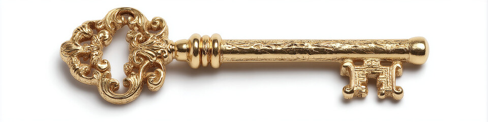 Ornate Vintage Golden Skeleton Key Isolated on White Background