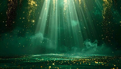 Magical forest floor with mystical green light beams and golden sparkles