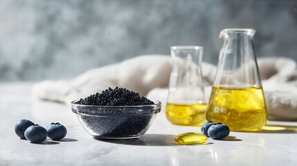 Luxurious black caviar and olive oil with fresh blueberries on marble surface
