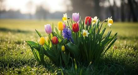 Springtime Flowerbed With Tulips Daffodils Hyacinths on Dewy Lawn Outdoor Fresh Floral Scene
