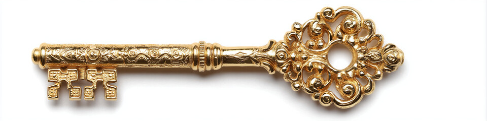 Antique Decorative Gold Master Key on a Pure White Background