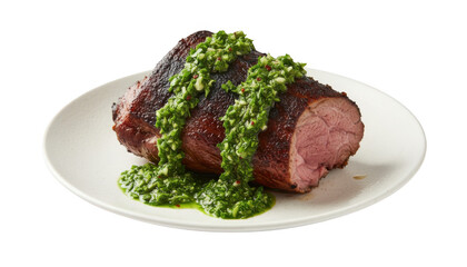 Fototapeta premium Grilled steak with chimichurri sauce on a white plate isolated on transparent background