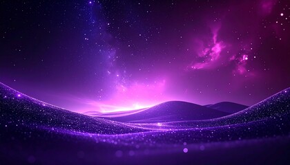 A mesmerizing cosmic landscape with rolling hills covered in shimmering particles under a vibrant nebula sky filled with stars