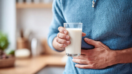 Man holding glass of milk while standing in modern kitchen with hand on stomach