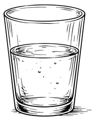 Hand drawn line art illustration of a glass of water depicting refreshing liquid for beverages