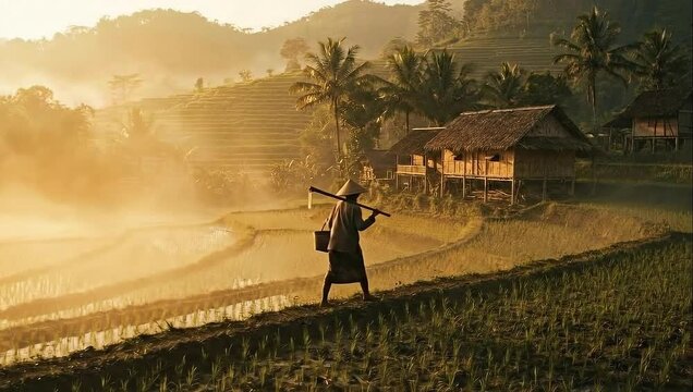 A lone farmer walks along terraced rice paddies bathed in golden morning light, with traditional village homes nestled in the misty hills.