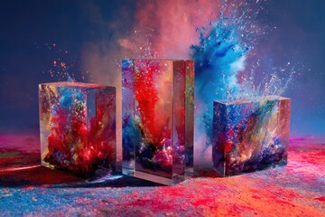 Vibrant photo of Explosion of colorful holi powder and pigment from clear glass blocks on a vibrant background