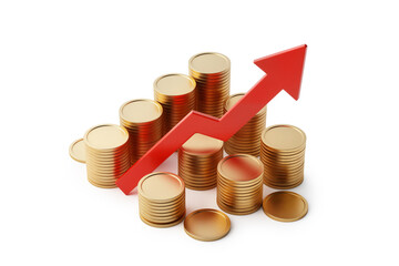 Stacks of Golden Coins with a Red Upward Arrow Indicating Financial Success