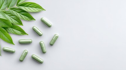 Green capsule medicines scattered on a light background, surrounded by fresh green leaves, representing natural health and wellness concepts with copy space for design