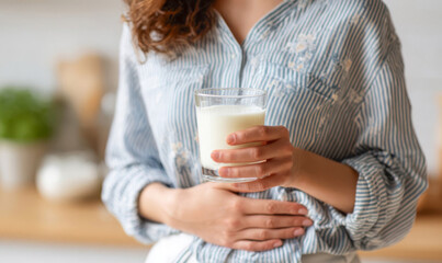 A woman stands in a kitchen holding a glass of milk with one hand