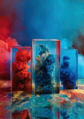 Vibrant photo of Red and blue ink clouds captured inside clear resin rectangular blocks with a smoky background