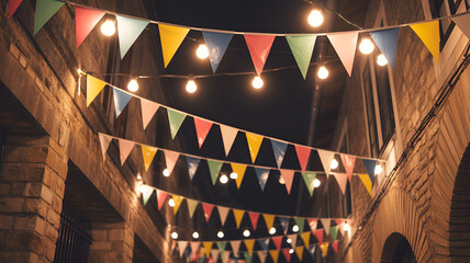Colorful pennant banners hanging between buildings during night festival
