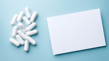 White capsule medicines scattered on a blue background beside a blank card with copy space for text or design, illustrating health and wellness concepts