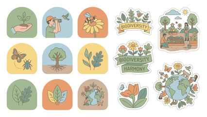 Collection of nature and earth themed illustrations and stickers.