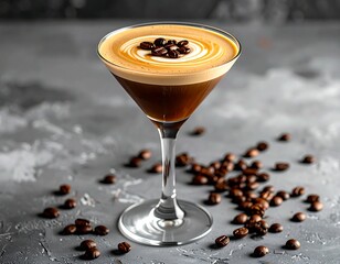 Martini glass with coffee and froth, adorned with coffee beans