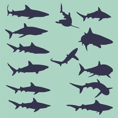 Set of sharks blue silhouettes. Vector illustration.